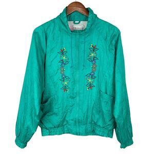 Vintage Olympic Exposure Windbreaker Jacket Green Embroidered Flowers Women's M